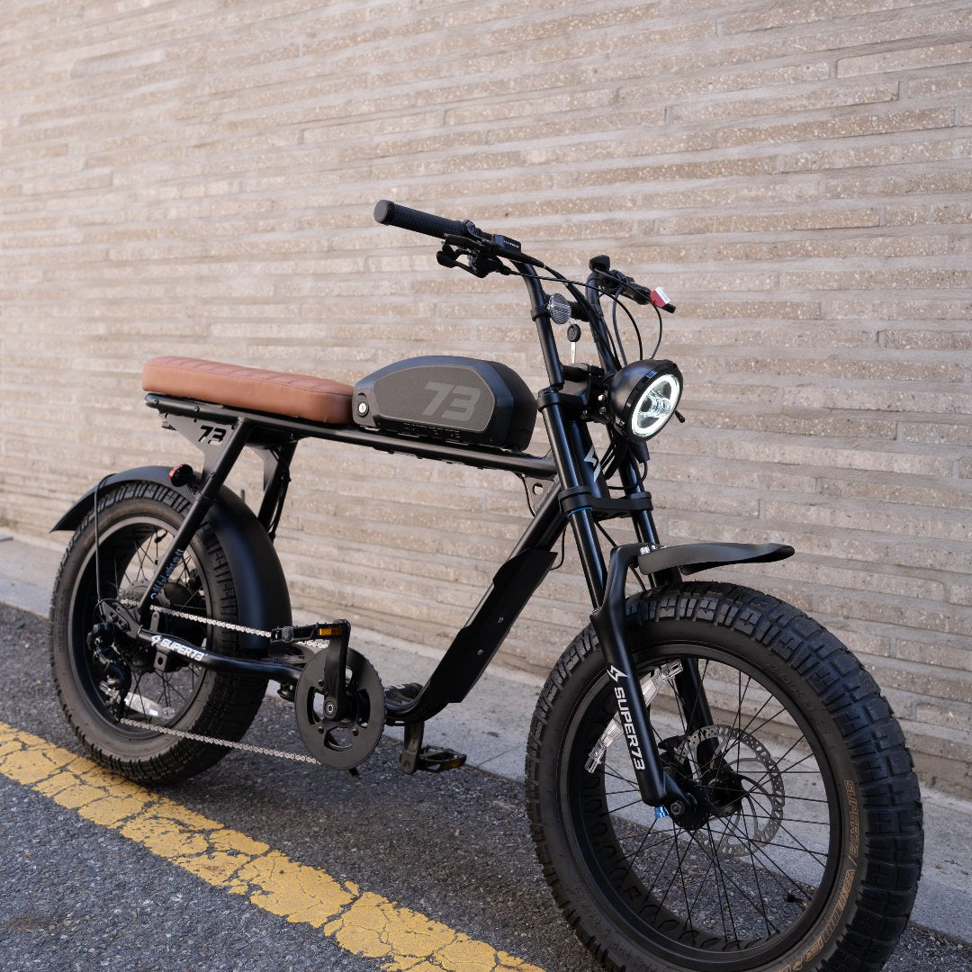 Right side angle shot on a bike of the 2-up caramel chevron stitched seat