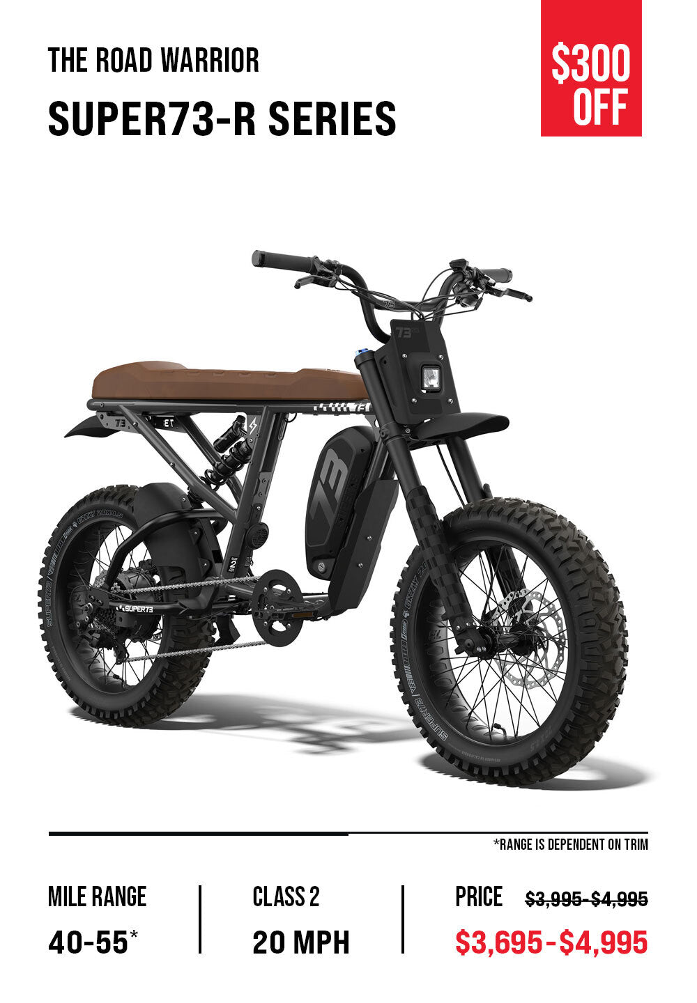 R Series overview graphic which lists details like price range, top speed, and battery range. Select models now $300 off.