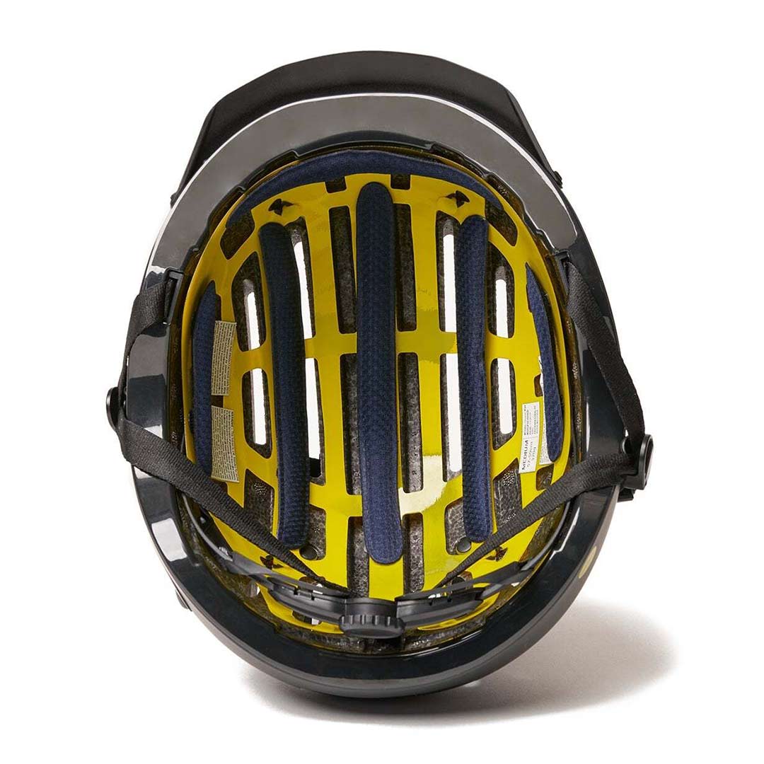 Inside view of Black Chapter MIPS Helmet by Thousand on white background. @color_racer black
