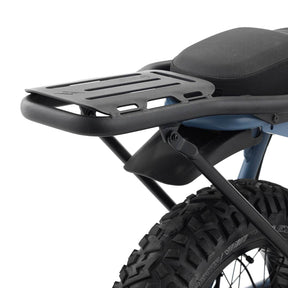 Close up rear angle view of Super73 S2 Rear Rack on bike with white background.