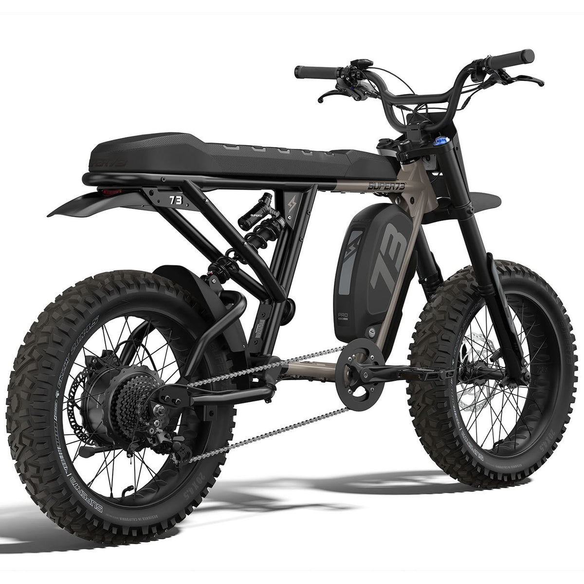 Rear view of the SUPER73-R Adventure Core ebike in Sandstorm. @color_sandstorm
