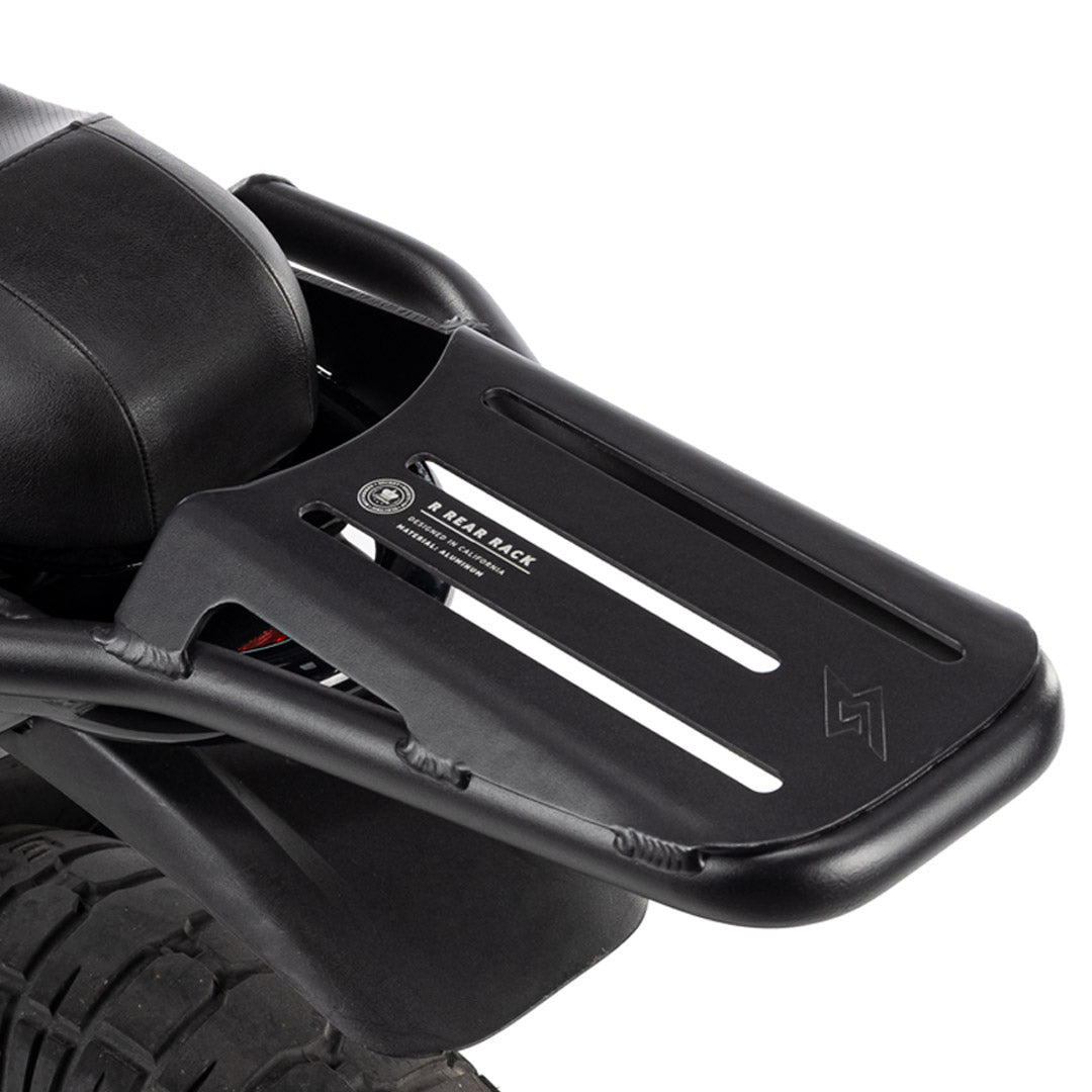 Angle view of Super73 R Rear Rack on bike with white background.