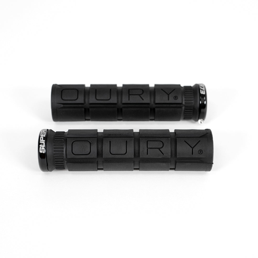 Pair of SUPER73 x Oury Single-Sided Locked-On V2 Grips on white background. @color_jet black